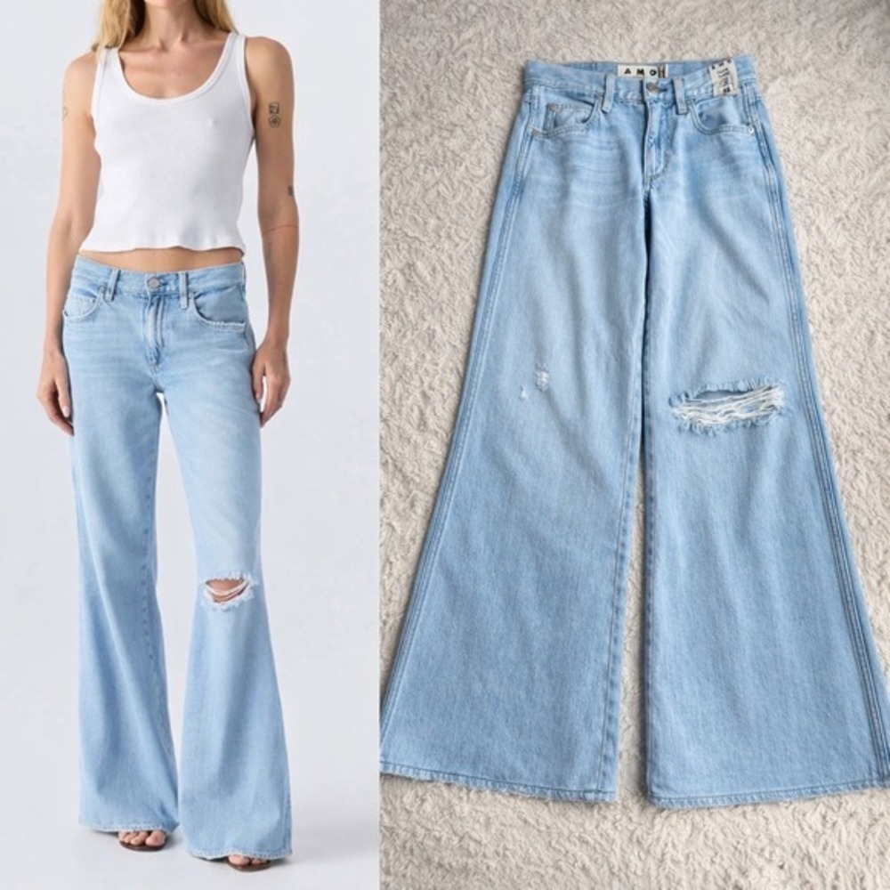 AMO Faith Flare Jeans‎ Light Wash Distressed Ripped Knee Relaxed Fit Mid Rise 23 - Picture 13 of 13